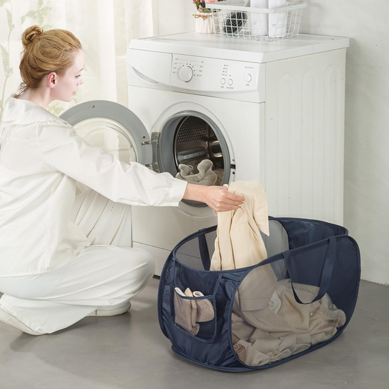 HONOMA Sturdy Mesh Laundry Hamper Basket Bag,Pop up Basket with Side Pocket for Laundry Room, Bathroom, Kids Room, College Dorm or Travel (Pop Horizontal, Grey)