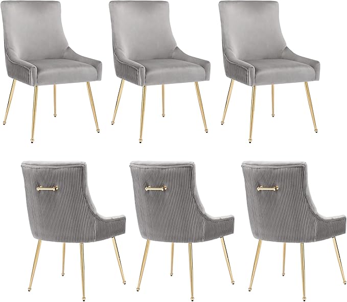 Velvet Dining Chairs Set of 6, Modern Upholstered Kitchen Chair with Pull Handle & Pleated Back, Mid Century Accent Chair with Gold Metal Legs for Vanity,Dining,Kitchen,Living Room, Grey
