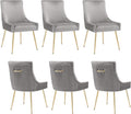Velvet Dining Chairs Set of 6, Modern Upholstered Kitchen Chair with Pull Handle & Pleated Back, Mid Century Accent Chair with Gold Metal Legs for Vanity,Dining,Kitchen,Living Room, Grey