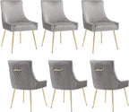 Velvet Dining Chairs Set of 6, Modern Upholstered Kitchen Chair with Pull Handle & Pleated Back, Mid Century Accent Chair with Gold Metal Legs for Vanity,Dining,Kitchen,Living Room, Grey