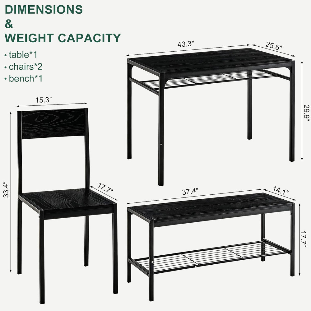 VECELO Kitchen Dining Room Table with 2 Chairs & Bench, Compact Space-Sav...
