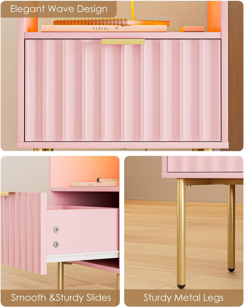 Nightstand with Charging Station and LED Lights, Modern Pink Bedside Table wi...