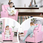 Kids Recliner chair, toddler Armchair Upholstered Couch with Cup Holder, Backrest, baby Leather sofa with Headrest and Footrest, Child Furniture for Ages 2-7(Pink)