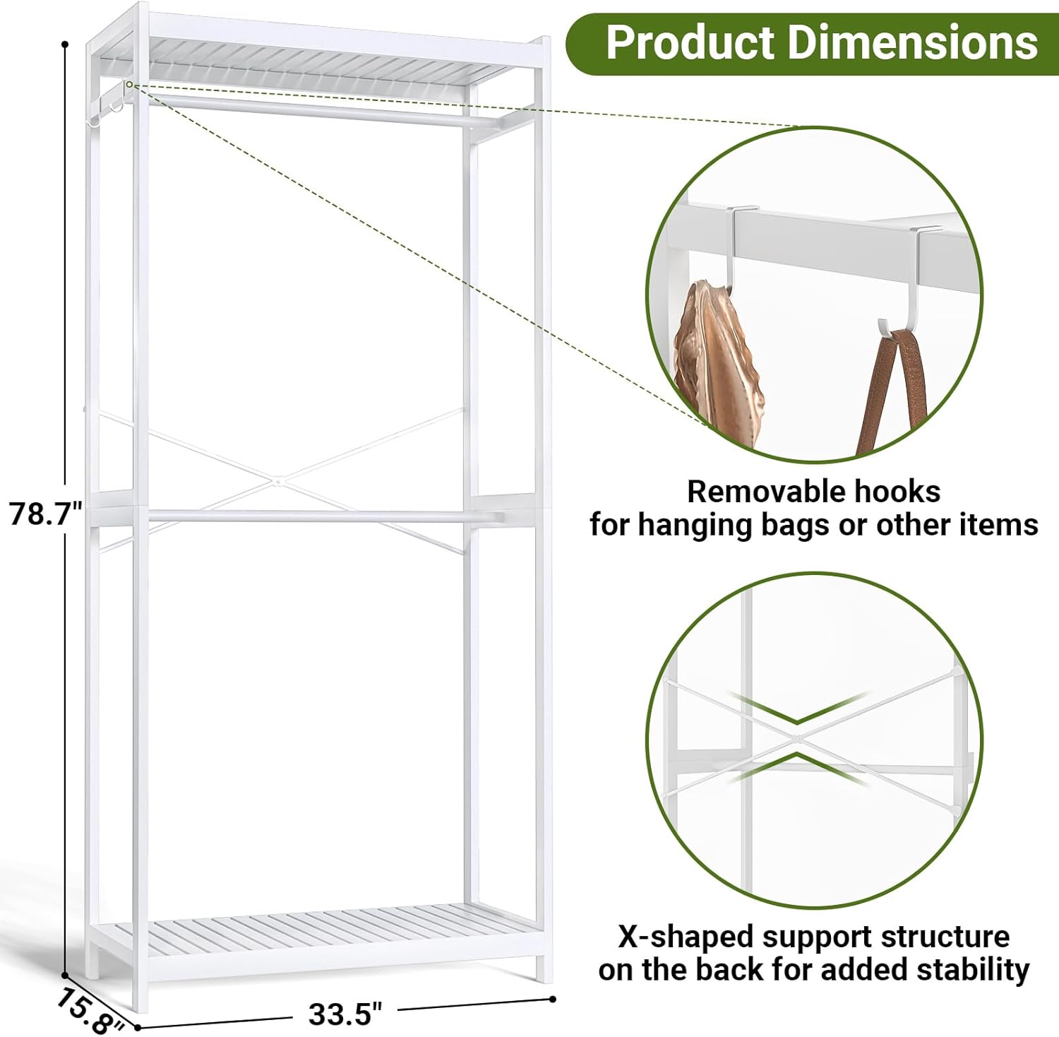 Homykic Bamboo Clothes Rack with Shelves and Double Hang Rods, Portable Closet System Garment Rack for Hanging Clothes, Tall Clothing Rack Corner Closet Organizer, Easy to Built, Freestanding, White