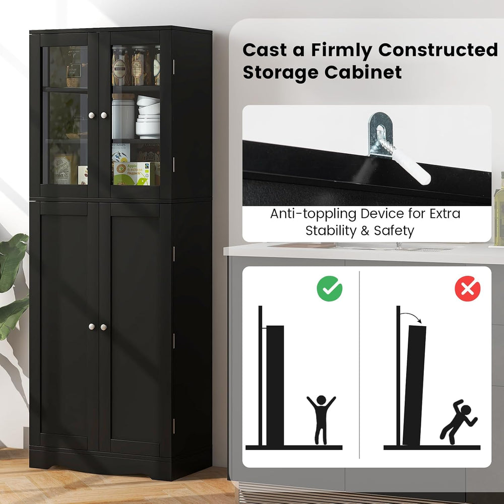 SlickBlue Tall Kitchen Pantry Cabinet with Tempered Glass Doors and Storage S...
