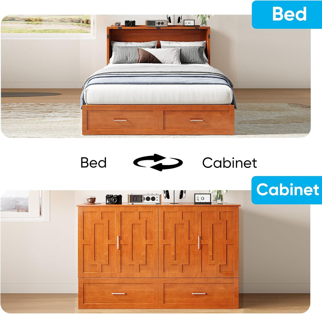 Mjkone 64" Width Murphy Cabinet Bed Queen Size with Foldable Mattress Included, Guest Murphy Beds with Drawers, Cube Cabinet Chest Wall Beds with USB Charging Station for Bedroom, Home Office, Cherry