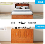 Mjkone 64" Width Murphy Cabinet Bed Queen Size with Foldable Mattress Included, Guest Murphy Beds with Drawers, Cube Cabinet Chest Wall Beds with USB Charging Station for Bedroom, Home Office, Cherry