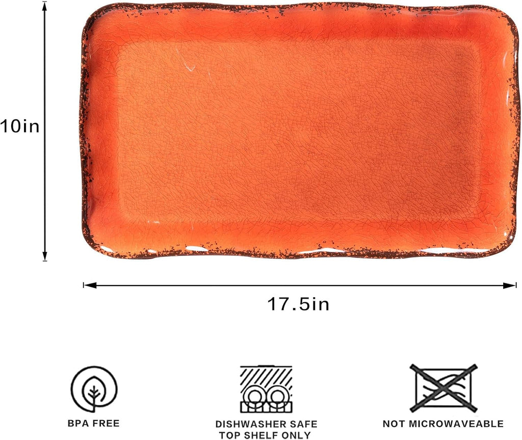 LEHAHA Melamine Serving Tray/Platters Set of 2, 17.5" x 10", 2-Piece Large Rectangular Melamine Platter Set for Serving Food, Orange
