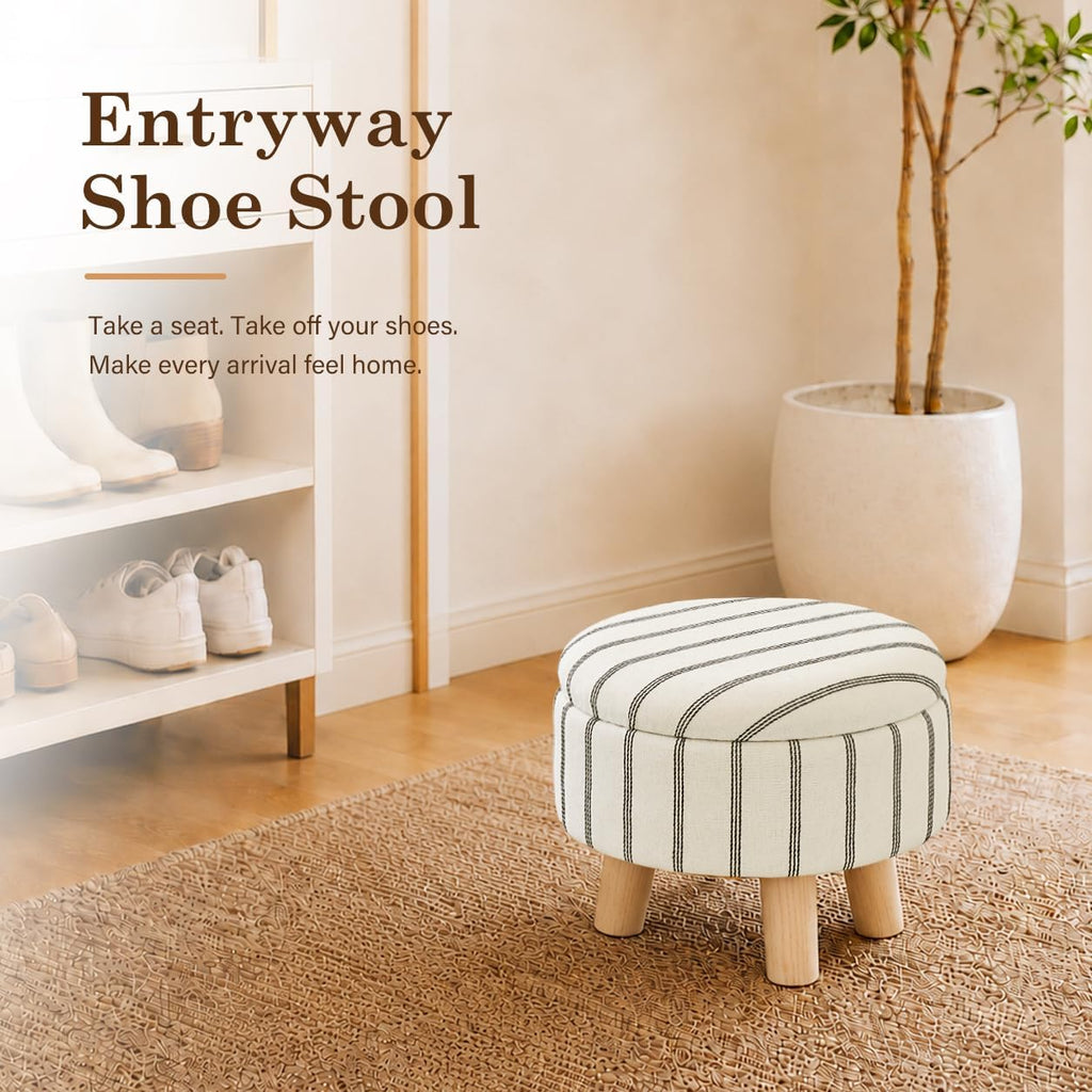 Wimarsbon Storage Ottoman, Modern Round Footrest with Soft Padded Seat, Striped Fabric Footstool with Wood Legs, Accent Small Table or Plant Stand for Hallway, Living Room (Black and White)
