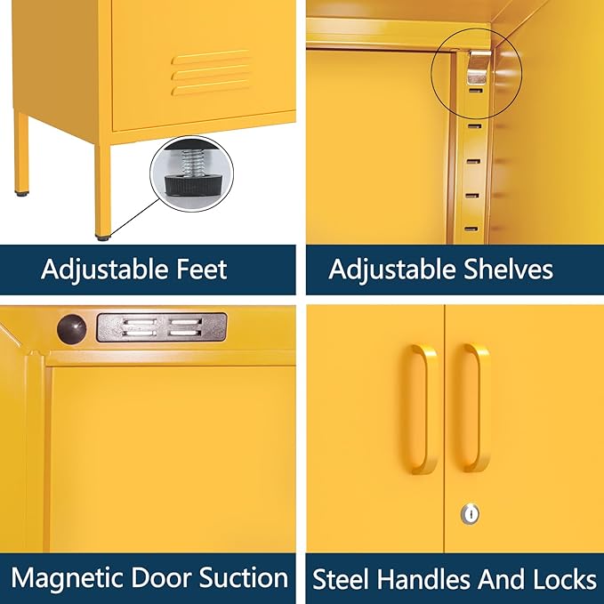 Wide Multipurpose Metal Storage Cabinet with Lockable Design & 2 Adjustable Partitions, Thickened Steel & Sturdy Construction for Home, Living Room & Office Yellow 33" H X 29.5" W X 13.8" D
