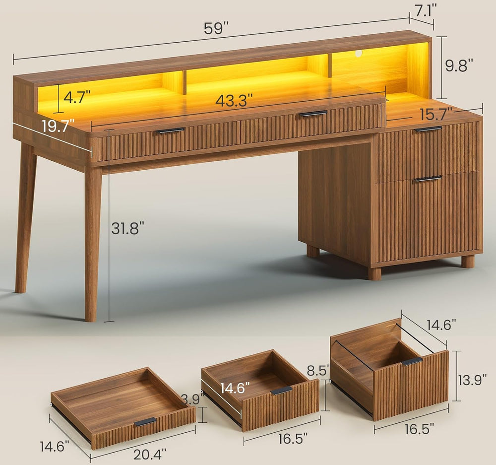SEDETA Modern Office Desk with 4 Drawers, 59" Fluted Gaming Computer Des...