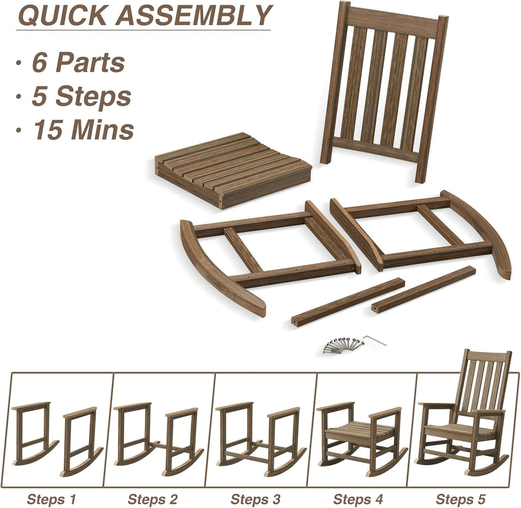 Oversized Outdoor Rocking Chair, Porch Rocker with High Back, Brown | HDPE Patio Rocking Chairs, Weather Resistant & 350lbs Heavy Duty Porch Rocker with High Back for Backyard,Garden and Balcony