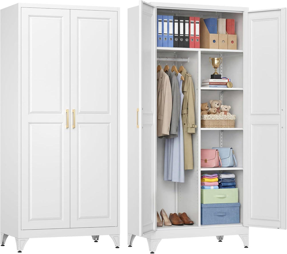 71" Metal Storage Cabinet with Hanging Rod, Tall White Wardrobe Closet w...