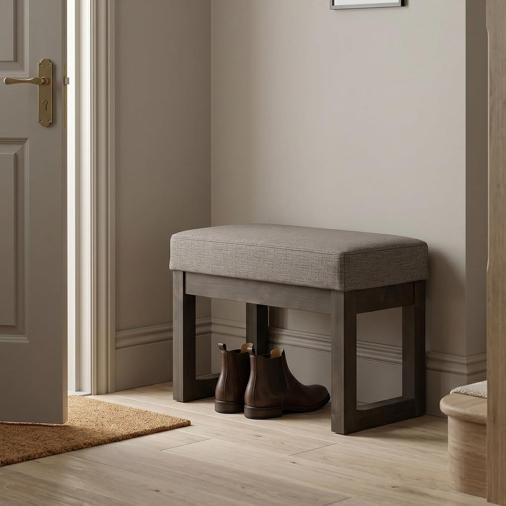 SIMPLIHOME Milltown 27" Wide Tweed Look Fabric Ottoman in Platinum
