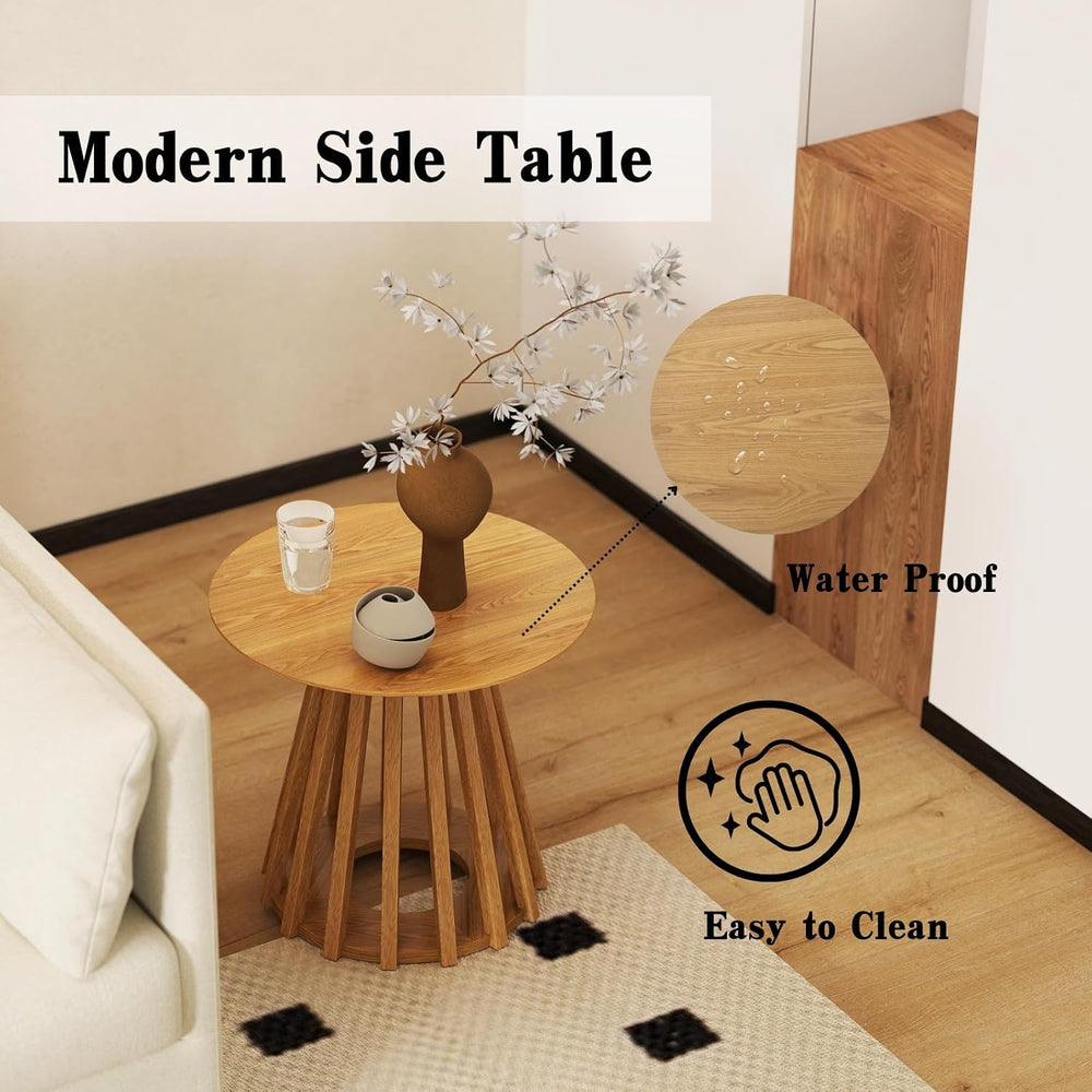 DUOMAY Modern Solid Round Side Table with Geometric Base, Natural Wood Accent...
