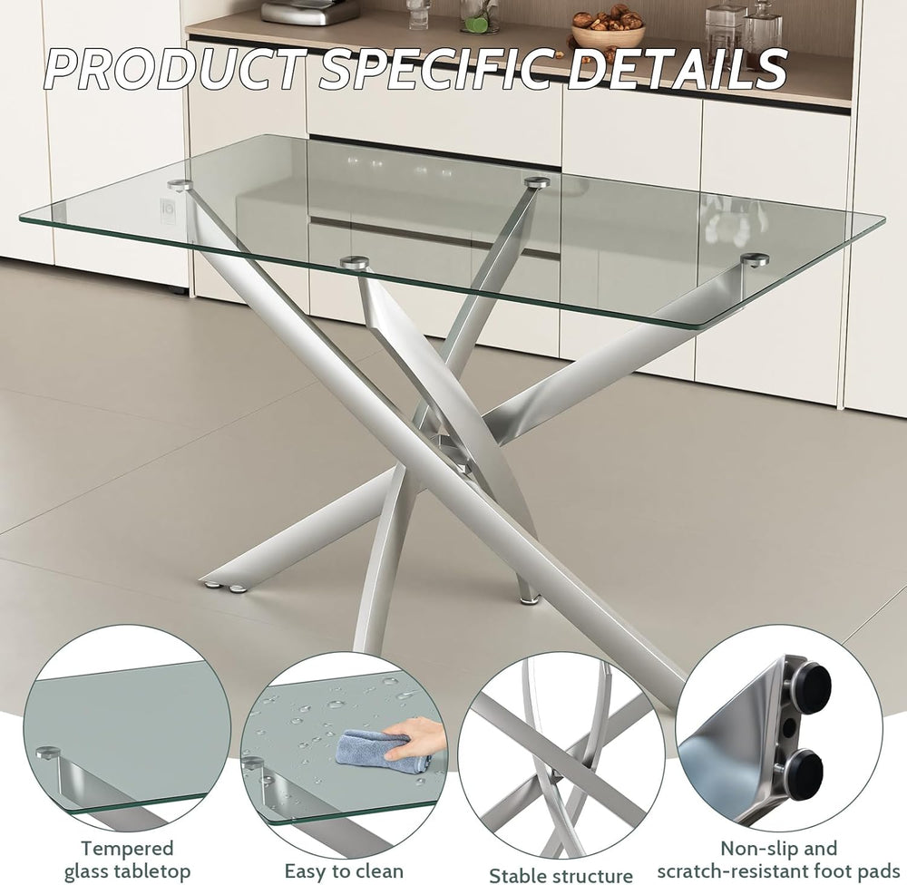 47.24 Inch Glass Dining Table, Rectangular Kitchen Glass Table for 4 People, ...
