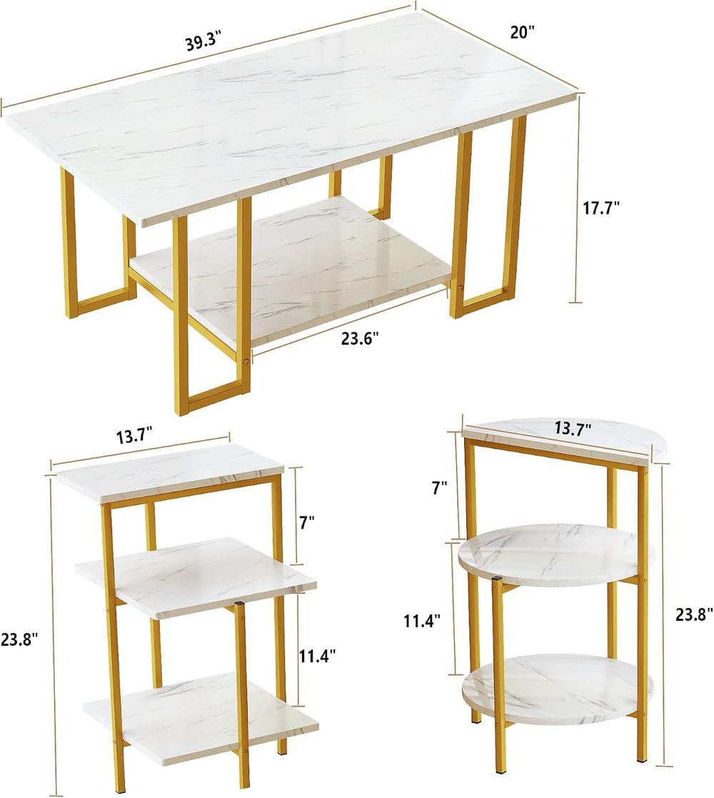 Coffee Table Set of 3, Faux Marble Coffee Table & 2pcs End Table with Met...