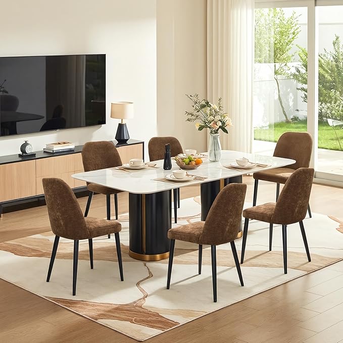 Upholstered Dining Chairs Set of 6 Modern Kitchen Chairs Chenille Fabric Dining Room Chairs High-Back Padded Dining Chairs with Metal Legs for Kitchen Dining Room Restaurant Cafe Hotel, Brown