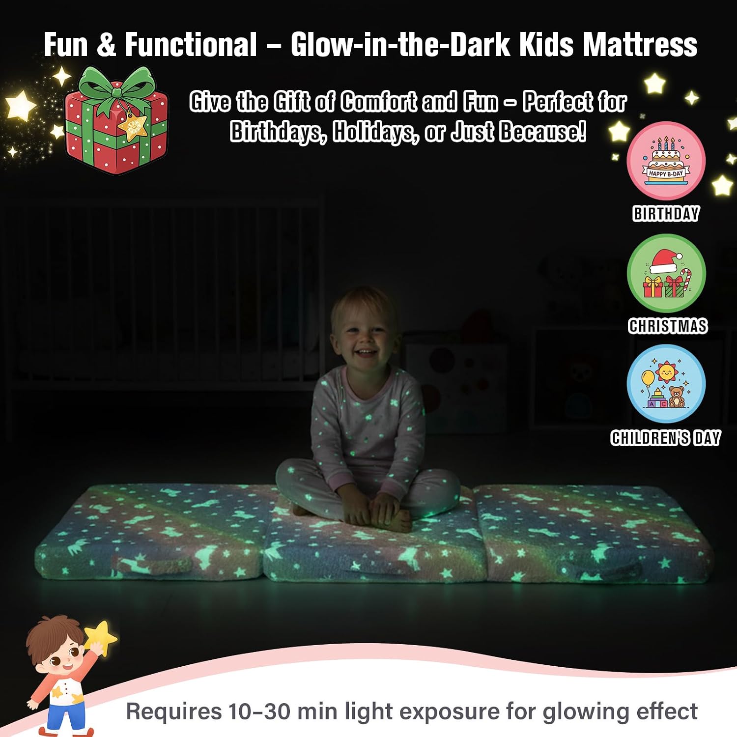 Tiita Foldable Floor Mattress for Kids-Glow in The Dark Toddler Nap Mat with Storage Bag, Portable Toddler Floor Pad for Travel, Daycare, Camping, RV, Playroom, Twill Pegasus