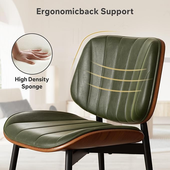 Dining Chair, Mid Century Modern Dining Room Chairs, Upholstered Faux Leather Kitchen Chairs with Walnut Bentwood Back and Metal Legs for Kitchen Dining Room Living Room, Green
