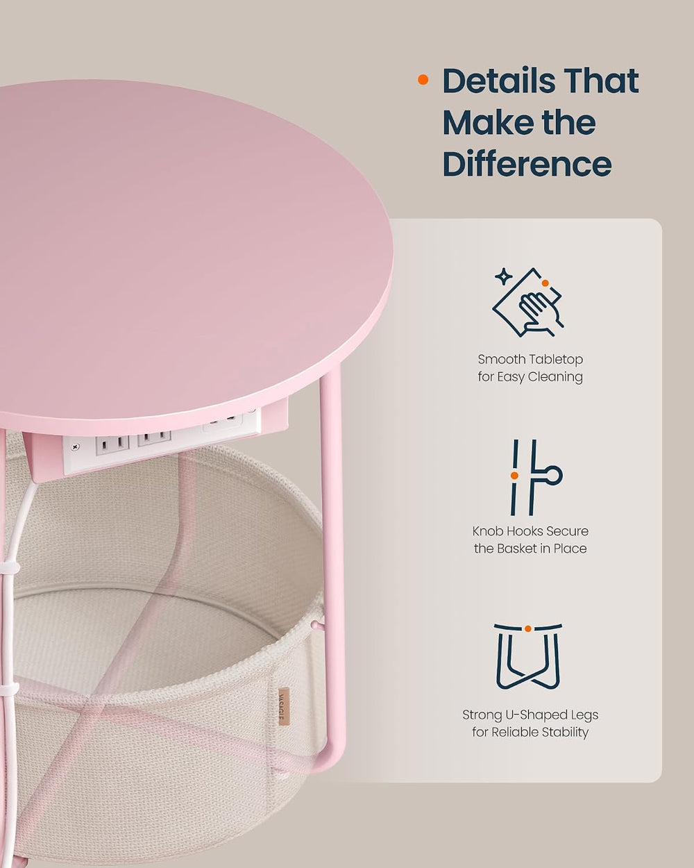 SONGMIC HOME Round Side End Table, Nightstand with Charging Station and Fabri...