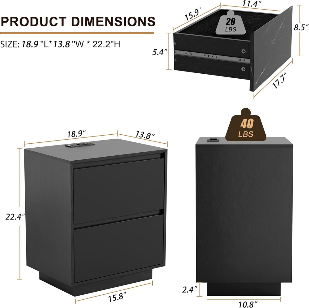 Anbuy LED Nightstand with 2 Drawers & Power Outlets, Nightstand Set of 2 ...