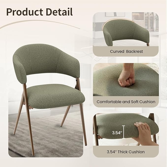 Dining Room Chairs Set of 4, Upholstered Dining Room Chairs, Mid Century Fabric Kitchen Chairs with Curved Backrest and Metal Legs, Green