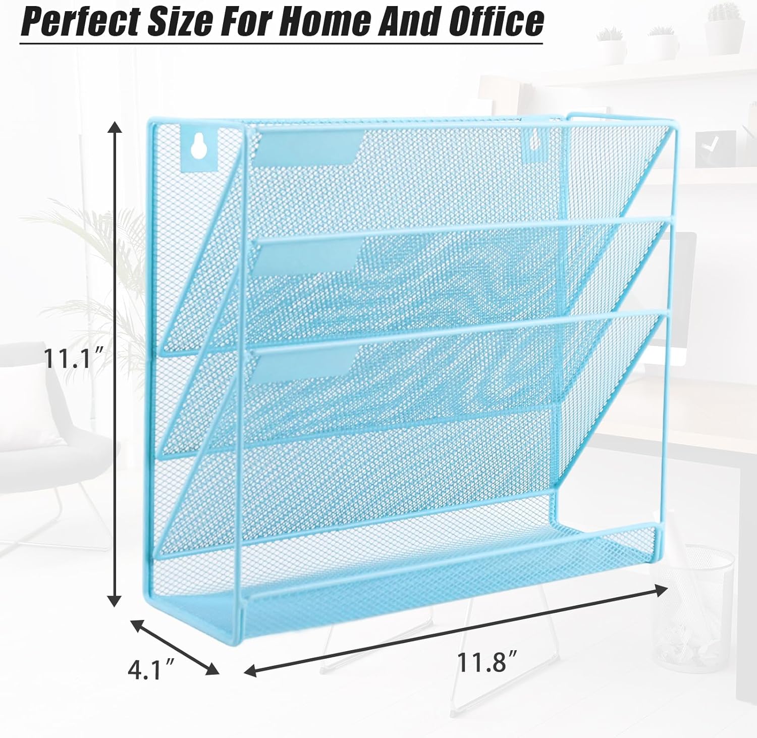 EASEPRES Desk File Organizer Mesh 4-Tier, Hanging Wall Mount Document Organization Stand, Desktop Vertical Mail Paper Folder Holder Rack with Bottom Tray for Office Home Cubicle Countertop, Blue