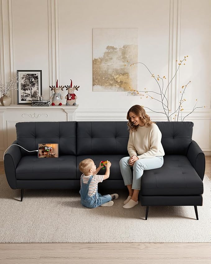 TYBOATLE 3 Seat L Shaped Leather Sectional Couches for Living Room, Faux Leather Couch w/USB & Type-C Charging Port, Small Sectional Sofa w/Deep-Seat Chaise (Black)