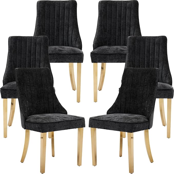 Black Mid Century Dining Chairs Set of 6, Modern Kitchen & Dining Room Chairs Set of 6, Chenille Fabric Upholstered Kitchen Chairs, Sillas de Comedor, Gold Legs (Black, 6 Pcs)