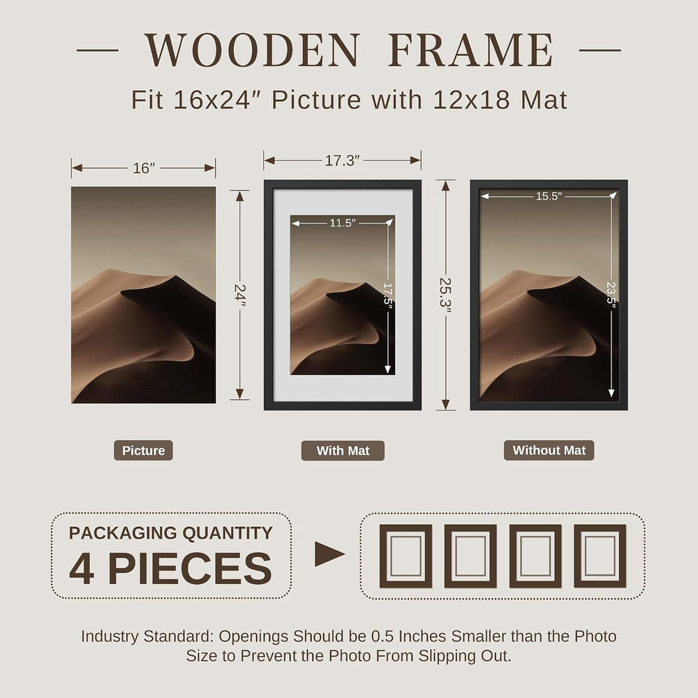 VCK 16x24 Picture Frame 4 Pack, Black Solid Wood, 12x18 Mat, for Poster