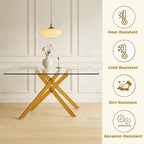 51'' Glass Dining Table Set for 4, Modern Rectangular Dining Room Table with Gold Metal Legs & 4 Upholstered Velvet Dining Chairs, Space-Saving Kitchen Table Set for Small Spaces, Apartment(Beige)