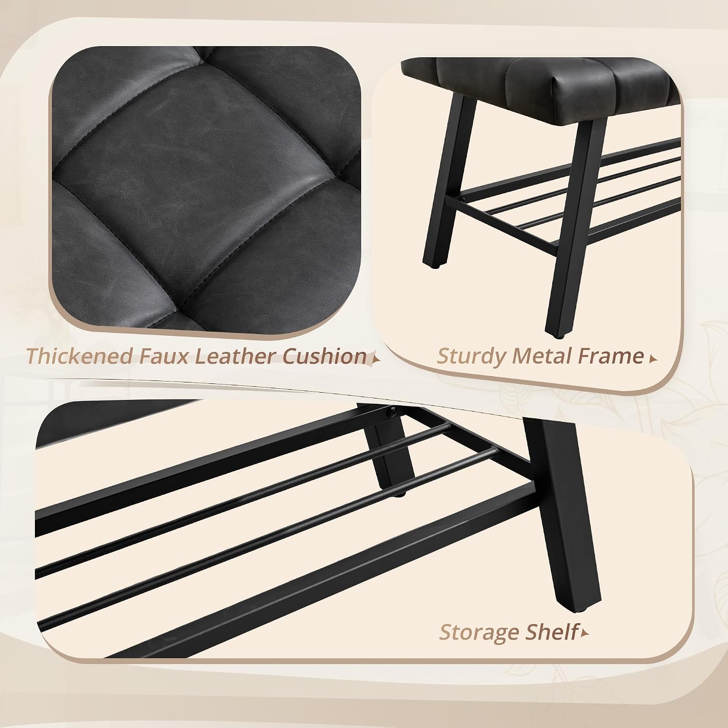 LUE BONA 45" Entryway Bench with Storage Shelf, End of Bed Bench with Tufted Faux Leather Seat, Bedroom Bench with Metal Frame, 330 LBS Capacity for Entryway, Living Room, Hallway, Black