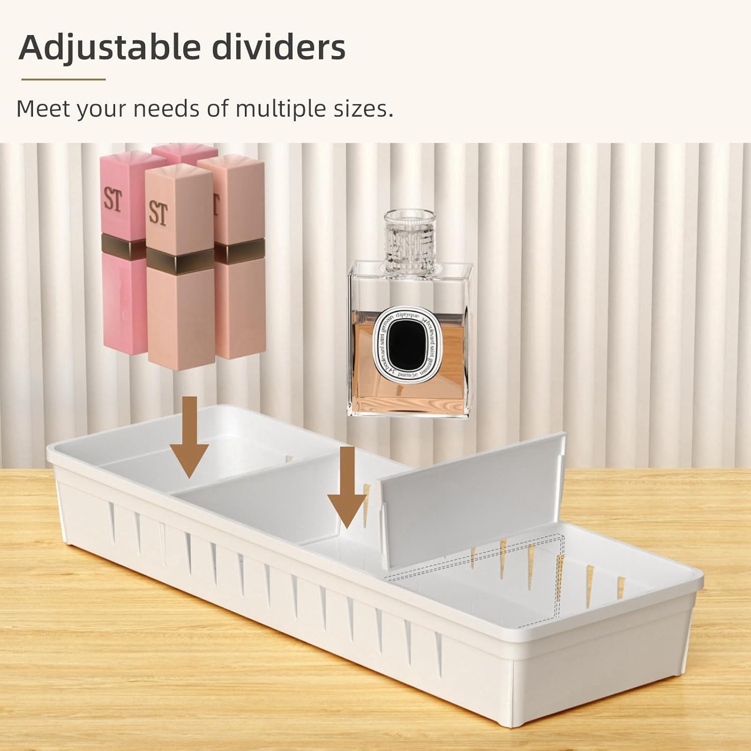 Desk Drawer Organizer Tray 4 PCS Plastic Office Drawer Organizer Bins Junk Organizer Divider with Non-Slip Silicone Pads, Makeup Vanity Organizer for Drawer, White