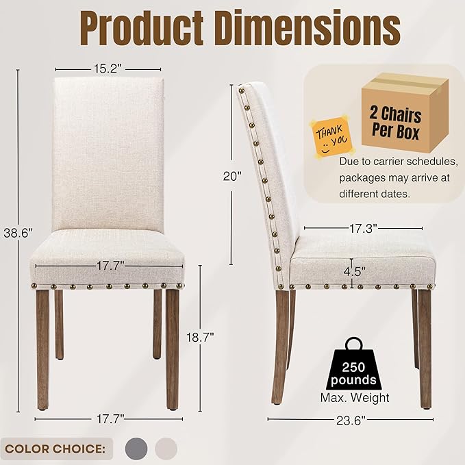 Upholstered Dining Chair Modern Stylish Parsons Kitchen Diner High Back with Bronze Nailhead Trim & Wood Legs, Set of 4, Beige