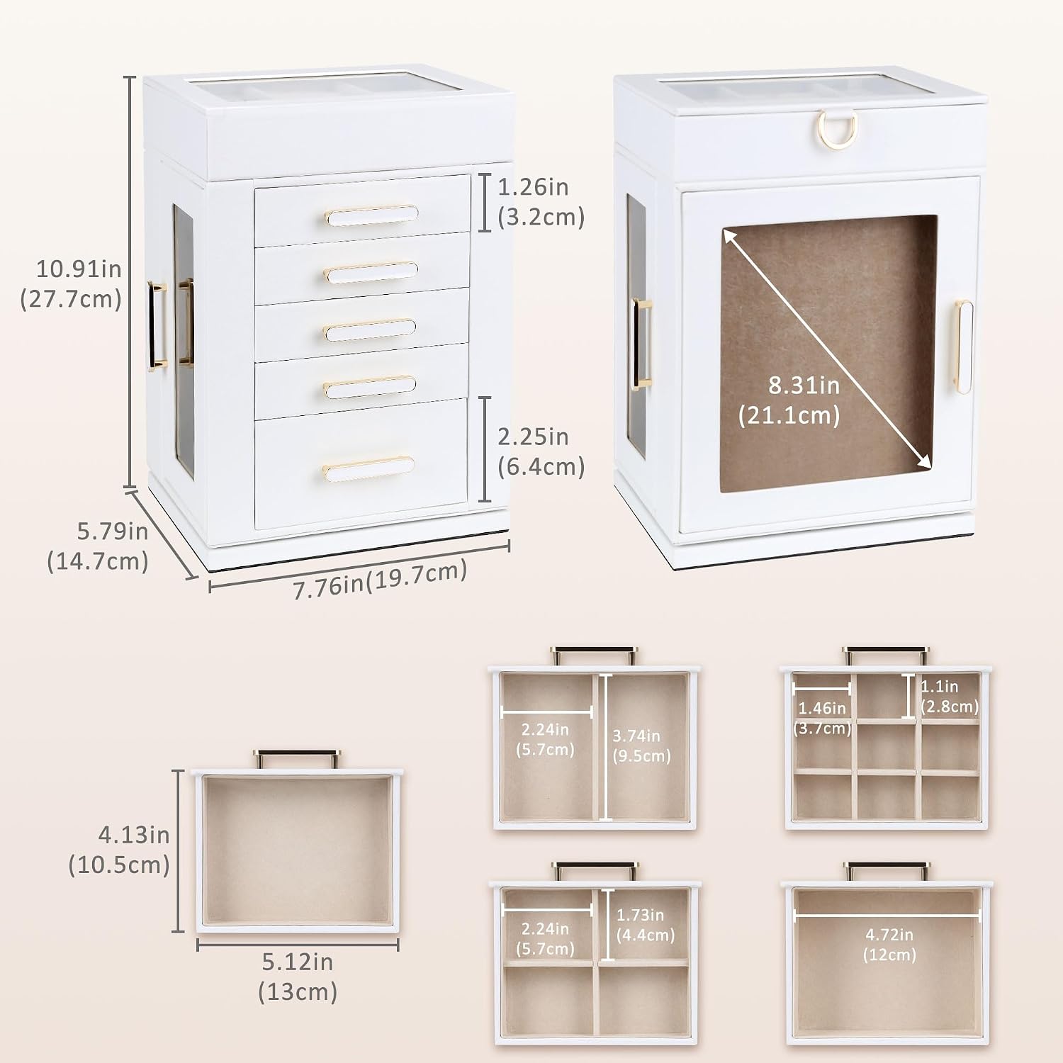 Kendal 360° Rotating Jewelry Box - White PU Leather Jewelry Organizer with Shadow Box & Pinboard, Detachable Top Tray, Drawers & Push Pins for Personalized Accessory Display & Storage