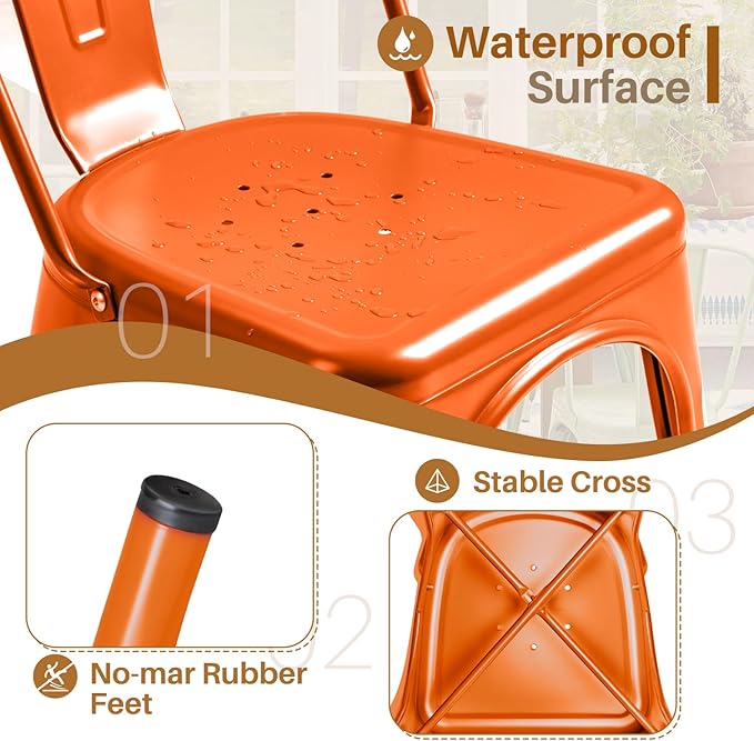 Furmax Metal Dining Chair Indoor Outdoor Use Stackable Classic Trattoria Chair Chic Dining Bistro Cafe Side Metal Chairs Set of 4 (Orange)