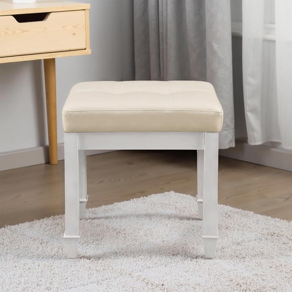 Solid Wood Vanity Bench Stool, Small Vintage Ottoman Foot Stool with Off-Whit...