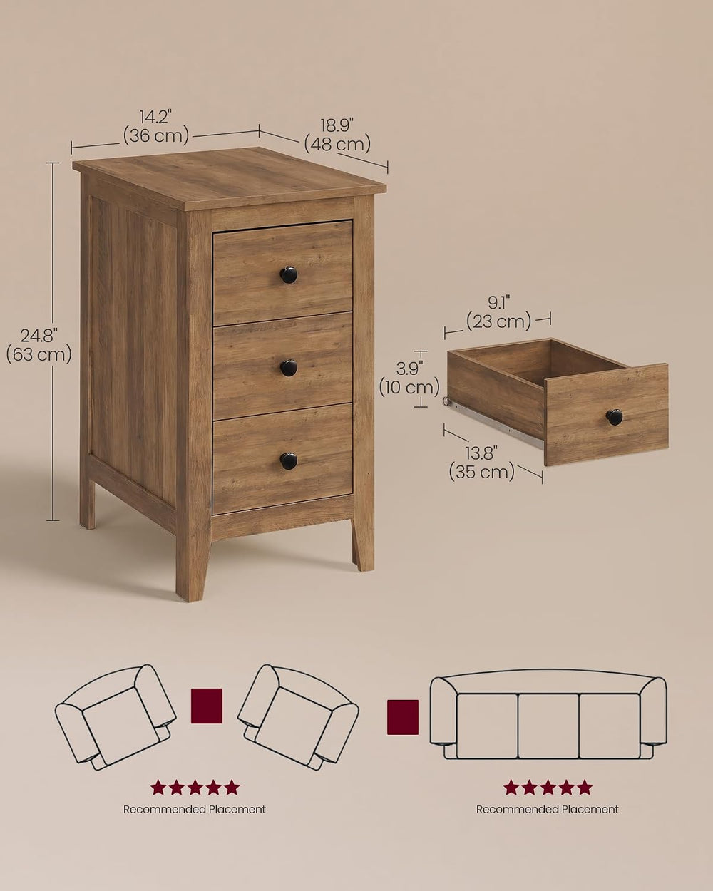 VASAGLE LIRY Collection-Farmhouse Nightstand with 3 Drawers, Slim Side End Ta...