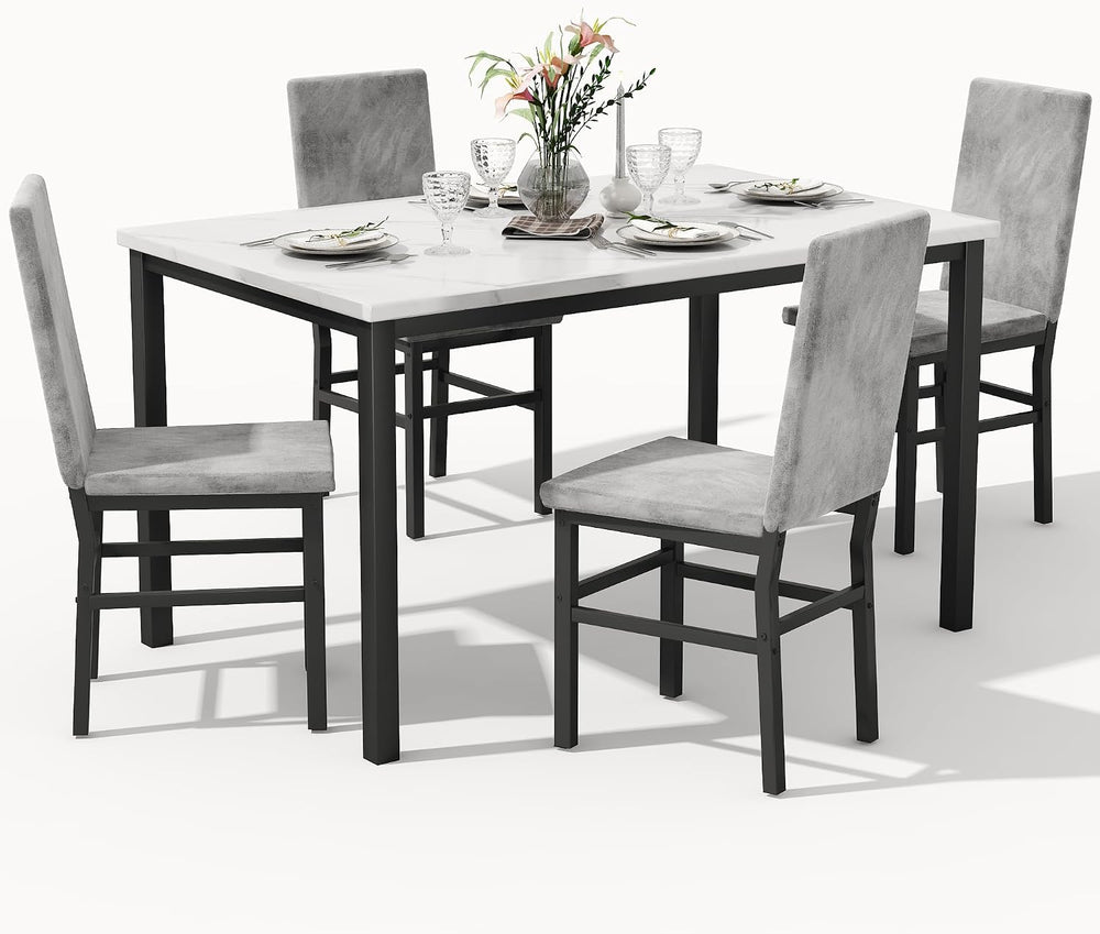 Dining Table Set for 4, 5-Piece Faux Marble Dining Set,4 Upholstered PU Chair...