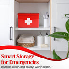 Flexzion First Aid Box Organizer Empty 13" Red Vintage First Aid Kit Tin Metal Medical Box - First Aid Storage Box Container Bins with Dividers, Removable Tray and White Cross Logo