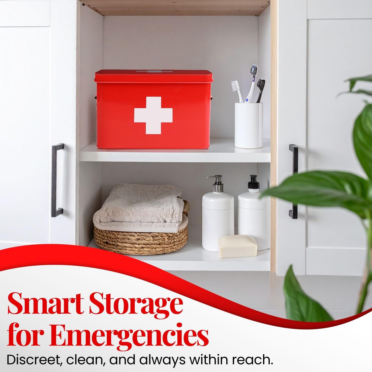 Flexzion First Aid Box Organizer Empty 13" Red Vintage First Aid Kit Tin Metal Medical Box - First Aid Storage Box Container Bins with Dividers, Removable Tray and White Cross Logo