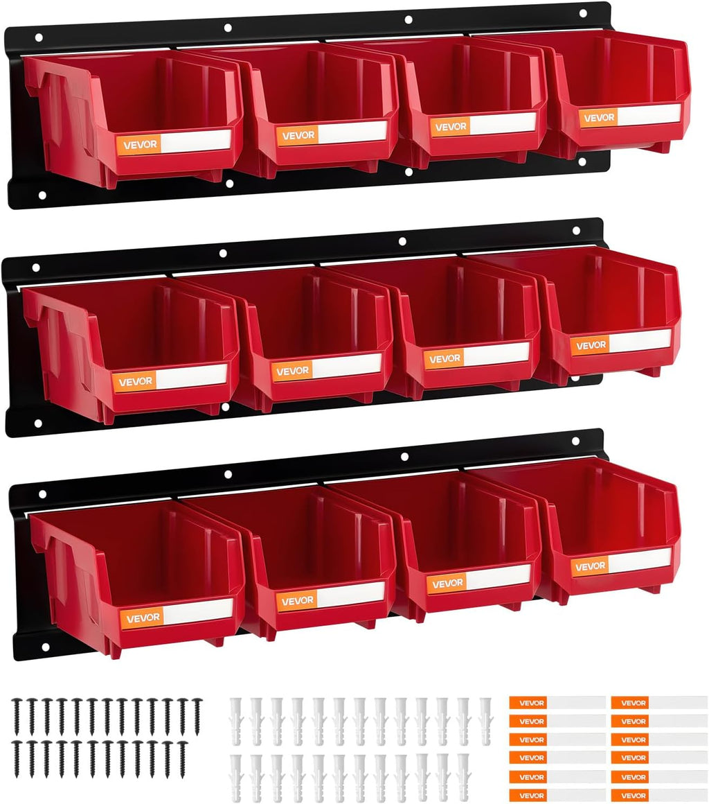 VEVOR Wall Mounted Storage Bins, 12 Plastic Bins & 3 Metal Rails, Plastic Hanging Stackable Storage Bin for Screws, Nuts, Bolts, Nails, Hardware Tool Organizer for Workshop, Craft Room, Garage, Red