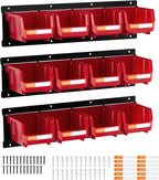 VEVOR Wall Mounted Storage Bins, 12 Plastic Bins & 3 Metal Rails, Plastic Hanging Stackable Storage Bin for Screws, Nuts, Bolts, Nails, Hardware Tool Organizer for Workshop, Craft Room, Garage, Red