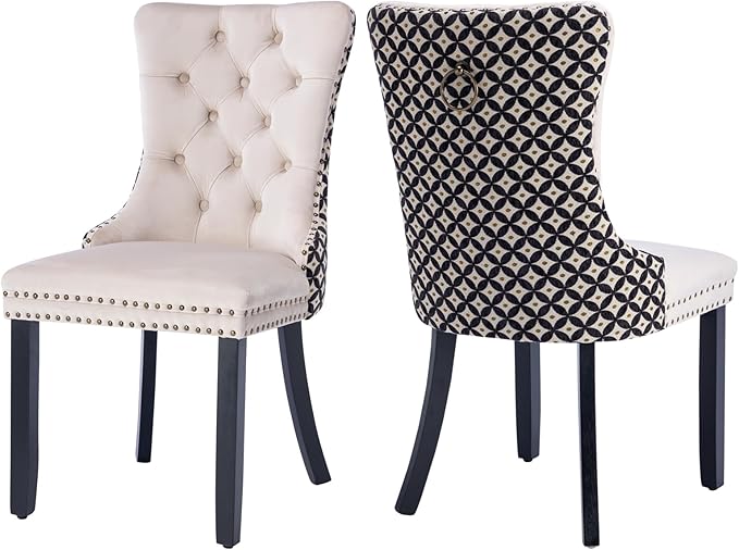 Velvet Dining Chairs Set of 2, High-end Tufted Upholstered Dining Chair with Back Ring Pull, Nailhead Trim and Solid Wood Legs, Modern Dining Room Chairs for Dining Room, Beige &Patterned