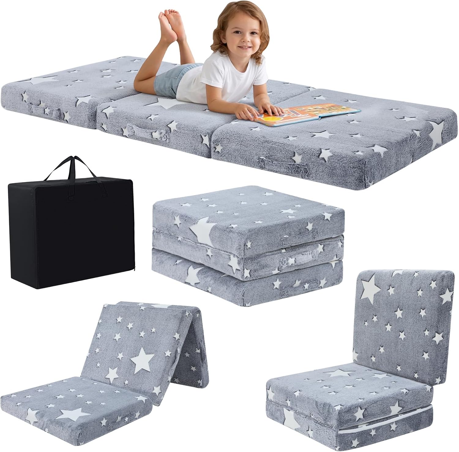 MeMoreCool Foldable Floor Mattress for Kids, Glow Star Trifold Mat, Kids Folding Mattress Portable Futon, 57x22 Inch Grey