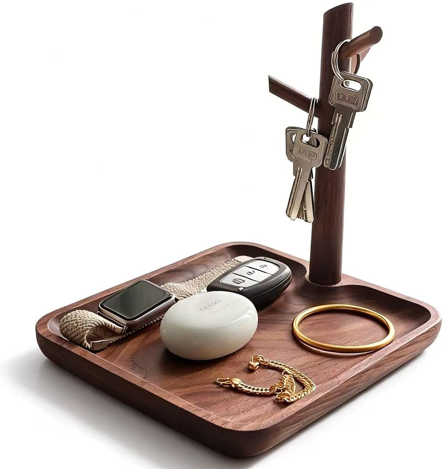Solid Black Walnut Wooden Key Tray, Key Bowl for Entryway Table | Multi-Functional Table top Key Holder ; Wood key Dish with 3 Hooks ; Organizer for Wallet, Watch, Change, and Jewelry