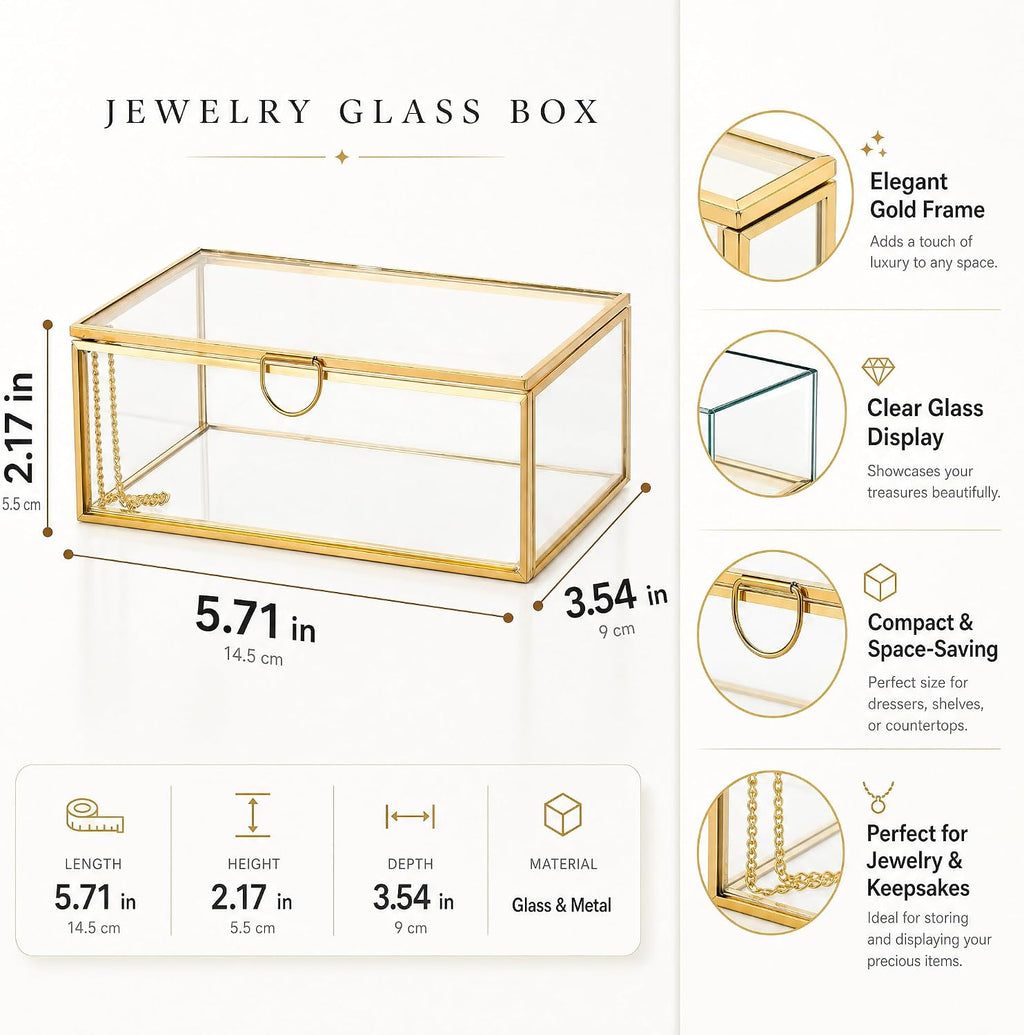 Glass Jewelry Box with Lid, Gold Metal Frame Trinket Box, Clear Display Case for Rings Earrings Necklace Bracelet, Small Jewelry Organizer for Vanity Bathroom Dresser Countertop Storage Box