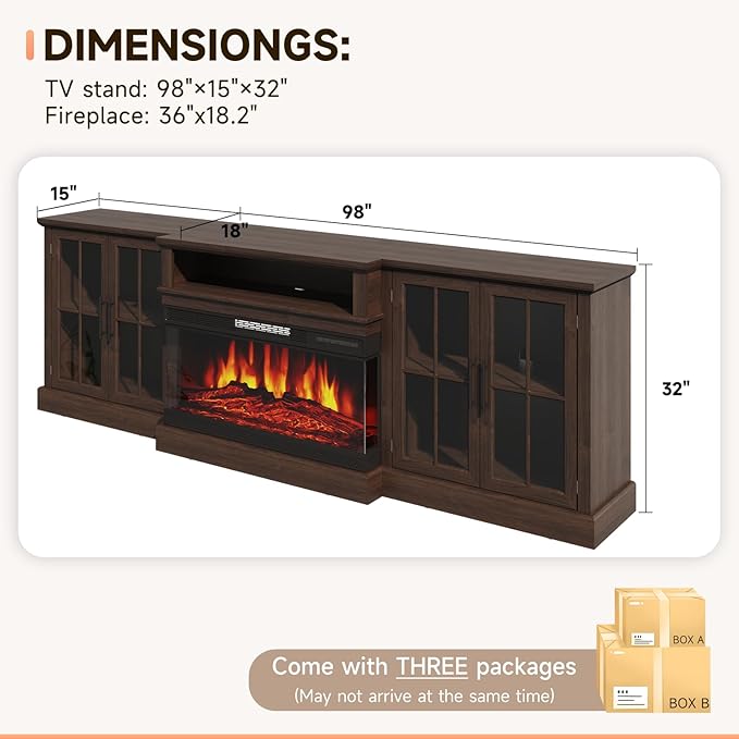 98" Farmhouse TV Stand with 36" Fireplace for Living Room,Media Entertainment Center with Adjustable Shelves and Large Storage Cabinets, TVs up to 100", Brown