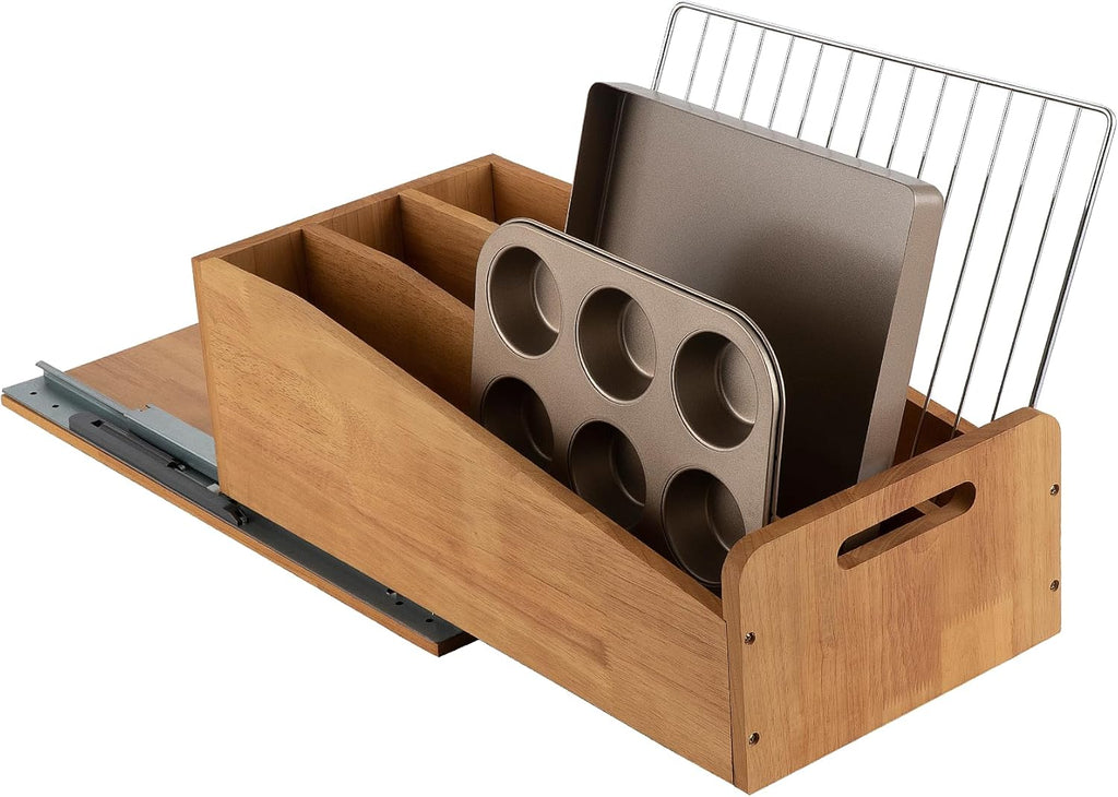 DINDON Pull Out Cabinet Organizer for Pans, Cookie Sheet, Bakeware, Cutting Board, Slide Out Kitchen Cabinet Storage Organizer Rack, 10.5''W X 21"D X 7.5"H, Wood